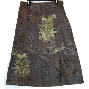 TWEEDS Long Linen Blend Skirt Brown Earthy Linen Paisley Floral Boho Vtg 90s 12